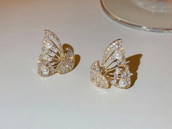 Korean Zircon And Pearl Butterfly Front Back Earrings | Luxury Look Artificial Earrings | Girls Earrings | Women Earrings