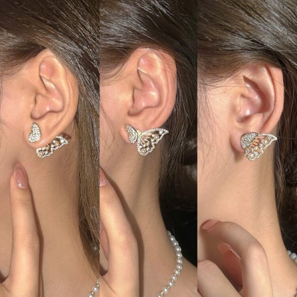 Korean Zircon And Pearl Butterfly Front Back Earrings | Luxury Look Artificial Earrings | Girls Earrings | Women Earrings